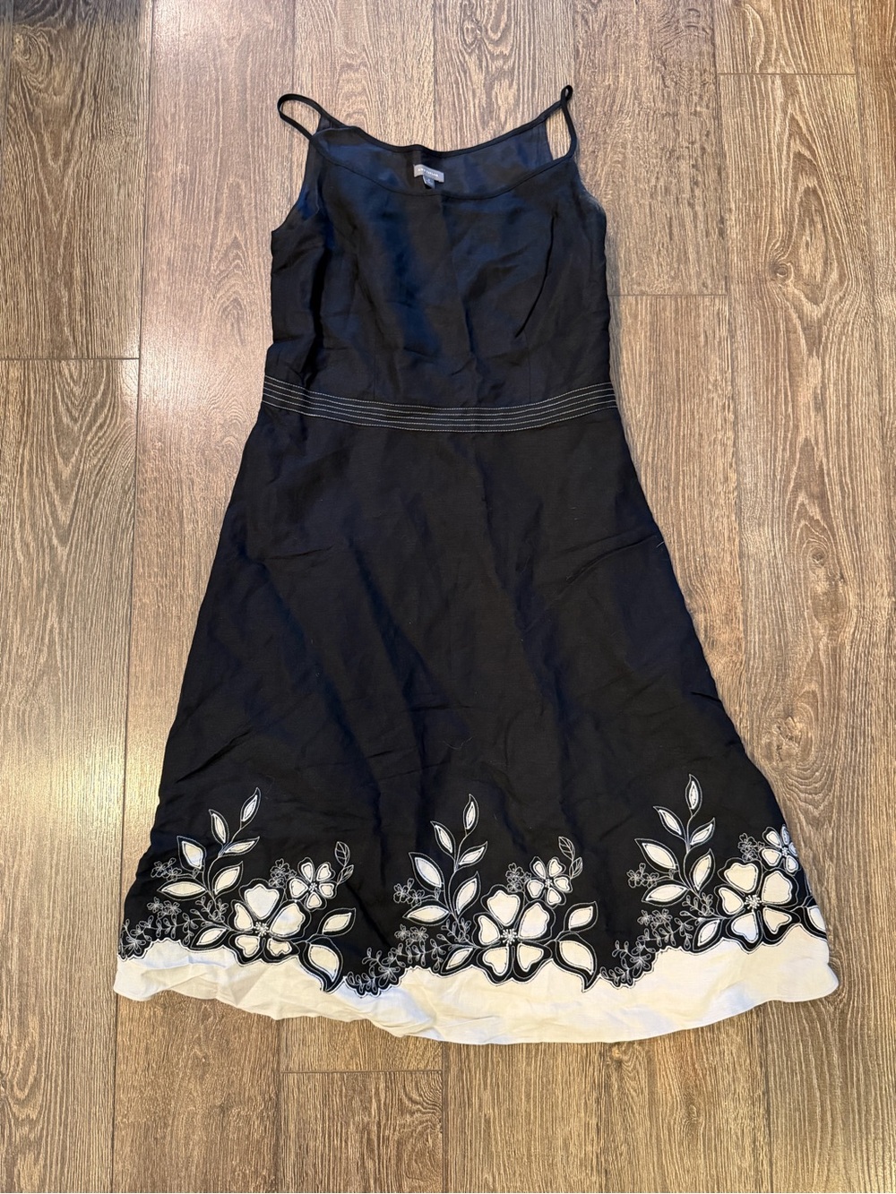 Ann Taylor Black Sleeveless Midi Dress with White Floral Hem